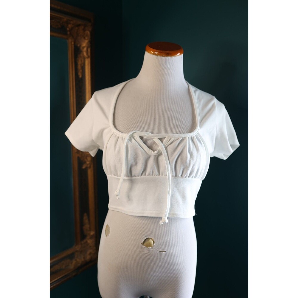Pretty Little Thing Square Neck Milkmaid White Crop Top Tie Front Coquette 8